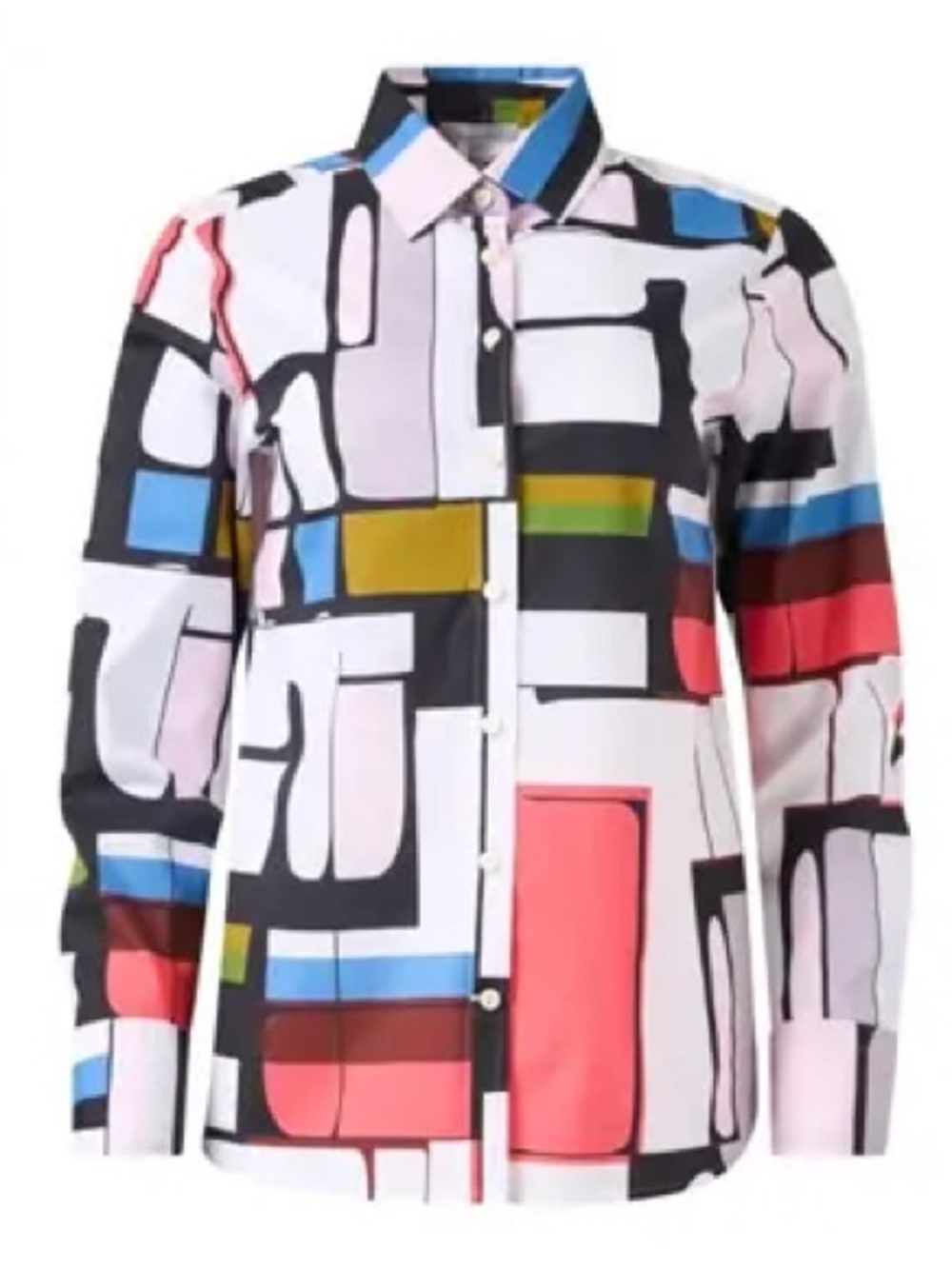 Hinson Wu Reese Colorblock Abstract Geometric Print Poplin Button Down Top - M